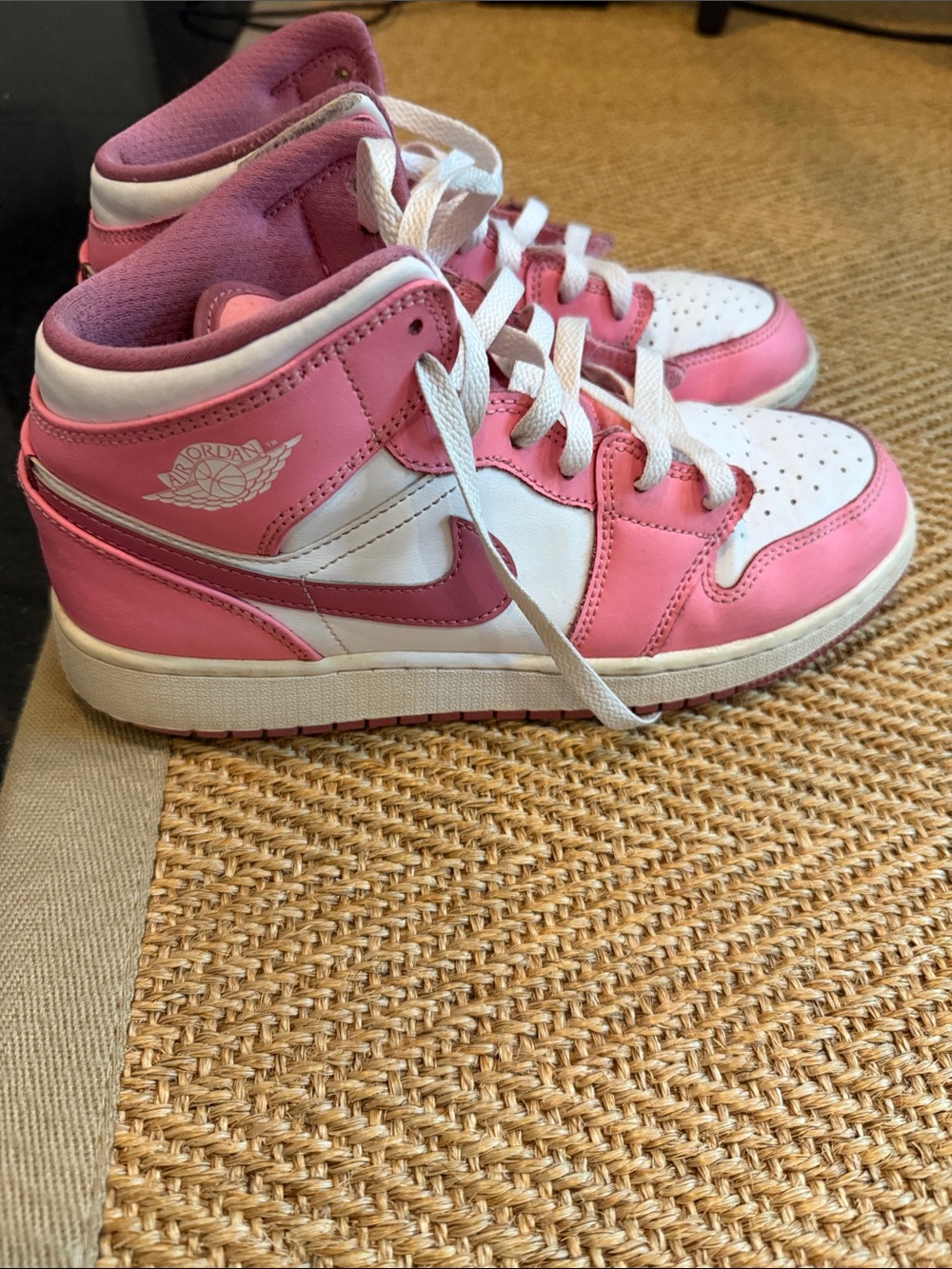 Nike Air Jordan Pink and White Mid-Top Sneakers